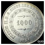 1851 Brazil Silver 1,000 Reis NEARLY UNCIRCULATED