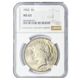 1922 Silver Peace Dollar NGC MS63