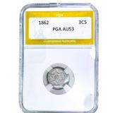 1862 Silver Three Cent PGA AU53