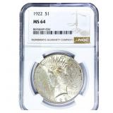 1922 Silver Peace Dollar NGC MS64
