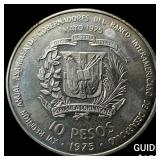 1975 Dominicon Republic Silver 10 Pesos