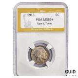 1913 Buffalo Nickel PGA MS65+ Type 1, Toned