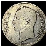 1887 Silver 5 BolÂ­vares Venezuela LIGHTLY CIRCU