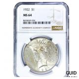 1922 Silver Peace Dollar NGC MS64