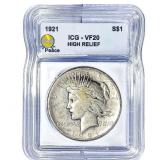 1921 Silver Peace Dollar ICG VF20 HR