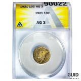 1921 Mercury Silver Dime ANACS AG3