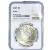 1924 Silver Peace Dollar NGC MS63