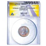 1974 Wheat Cent ANACS MS63 RB TONED