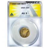 1921 Mercury Silver Dime ANACS AG3