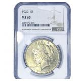 1922 Silver Peace Dollar NGC MS63