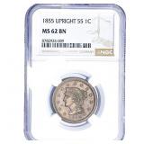 1855 Braided Hair Large Cent NGC MS62 BN