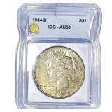 1934-D Silver Peace Dollar ICG AU50