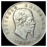 1869 Italy Silver 5 Lire (M) NEARLY UNCIRCULATED