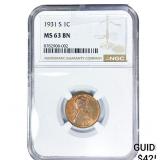 1931-S Wheat Cent NGC MS63 BN