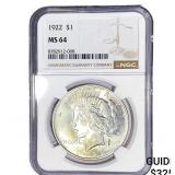 1922 Silver Peace Dollar NGC MS64