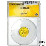 1929 $2.50 Gold Quarter Eagle ANACS MS63