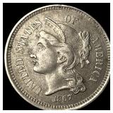 1867 Nickel Three-Cent Piece NEARLY  UNCIRCULATED