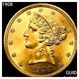 1908 $5 Gold Half Eagle GEM BU