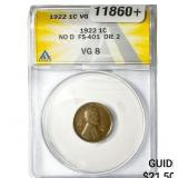 1922 Wheat Cent ANACS VG8 No D FS-401 Die 2