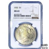 1922 Silver Peace Dollar NGC MS63