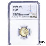 1918-D Mercury Silver Dime NGC MS63