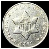 1851-O Silver Three-Cent Piece NEARLY  UNCIRCULAT