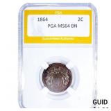 1864 Two Cent Piece PGA MS64 BN