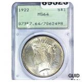 1922 Silver Peace Dollar PCGS MS64
