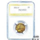1911-S $5 Gold Half Eagle PGA MS63