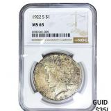 1922-S Silver Peace Dollar NGC MS63