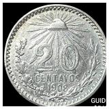 1908 Mexico Silver 20 Centavos