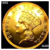 1855 $3 Gold Piece CHOICE BU PL