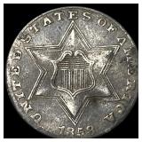 1858 Silver Three-Cent Piece NEARLY UNCIRCULATED
