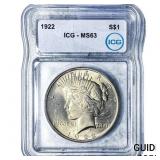 1922 Silver Peace Dollar ICG MS63