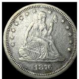 1876-CC Silver Seated Liberty Quarter CLOSELY  UN