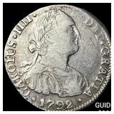 1792-PR Bolivia Charles IV 2 Reals Large Head
