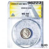 2000-D Roosevelt Dime ANACS MS68 FSB