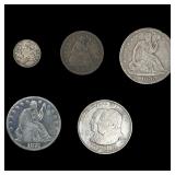 [5 Coins] 1834-1923 U.S. Mixed Coin Lot 10C-50C