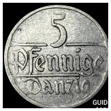 1923 Danzig Copper Nickel 5 Pfennig