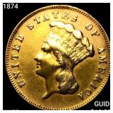 1874 $3 Gold Piece CHOICE AU