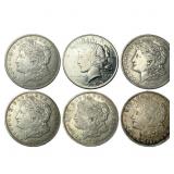 [6 Coins] 1921-1925 Morgan $1s & Peace $1