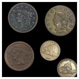 [5 Coins] 1832-1858 U.S. 1C Coin Lot