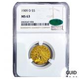 1909-D CAC $5 Gold Half Eagle NGC MS63