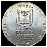 1973 Israel Silver 10 Lirot 25th Anniversary  UNC