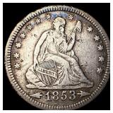 1853-O Arrows/Rays Seated Liberty Quarter  NEARLY
