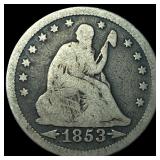 1853 Arrows/Rays Seated Liberty Quarter  LIGHTLY