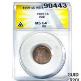 1909 VDB Wheat Cent ANACS MS64 RB