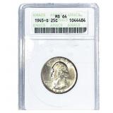 1945-S Washington Silver Quarter ANACS MS64
