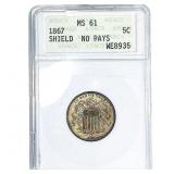 1867 Shield Nickel ANACS MS61 No Rays