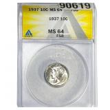 1937 Mercury Silver Dime ANACS MS64 FSB